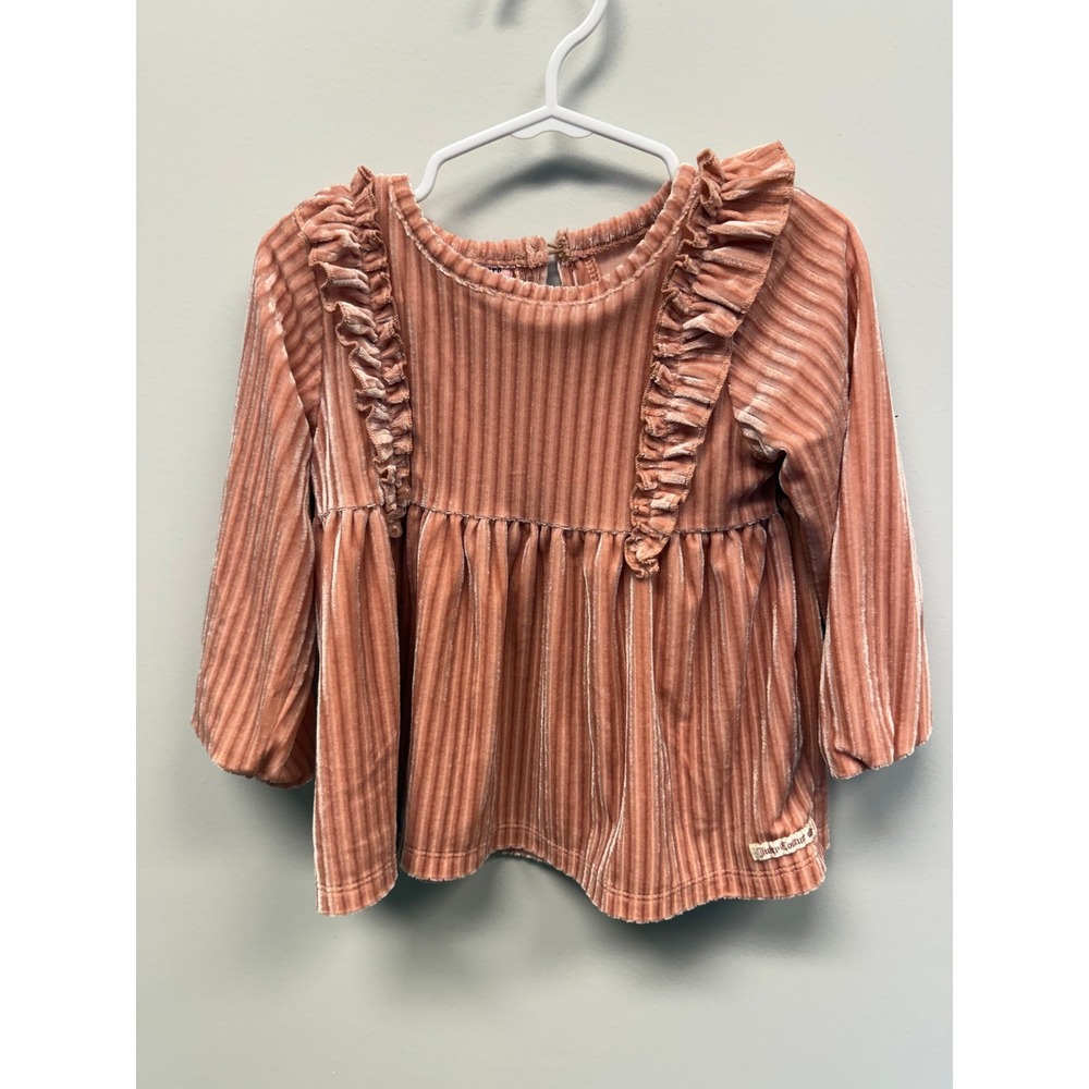 Juicy Couture Girls 24M Dusty Rose Ribbed Velvet Ruffle Peplum Top Long Sleeve